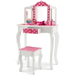 Costway Kid Vanity Set Wooden Makeup Table Stool Tri-Folding Mirror Polka Dot Print Pink -Costway GUEST 95e7fe05 7631 41ca 84b4 e1b451680738