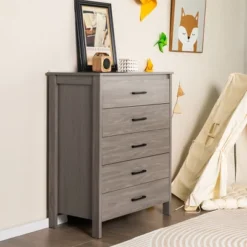Costway Modern 5 Drawer Chest Storage Dresser Cabinet With Metal Handles Grey Oak -Costway GUEST 96885bb2 8be2 4c40 94cd b156428134ba