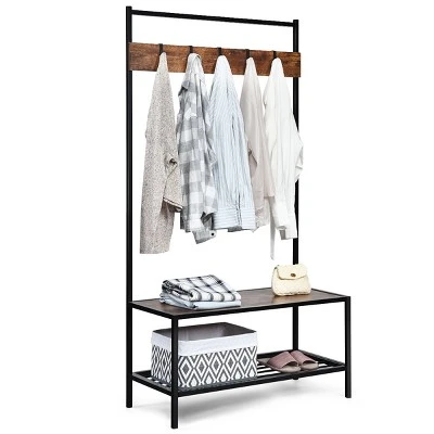 COSTWAY 3 In 1 Industrial Coat Rack Shoe Bench Entryway Hall Tree Storage Shelf W/ Hooks 12 COSTWAY 3 In 1 Industrial Coat Rack Shoe Bench Entryway Hall Tree Storage Shelf W/ Hooks - Image 10
