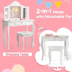 Costway Kid Vanity Table Set With Tri-folding Mirror 2-in-1 Makeup Dressing Table Stool Set 16 Costway Kid Vanity Table Set With Tri-folding Mirror 2-in-1 Makeup Dressing Table Stool Set -Costway GUEST 982c03c6 0f40 401f a5cf cb878139b730