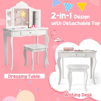 Costway Kid Vanity Table Set With Tri-folding Mirror 2-in-1 Makeup Dressing Table Stool Set 8 Costway Kid Vanity Table Set With Tri-folding Mirror 2-in-1 Makeup Dressing Table Stool Set - Image 6