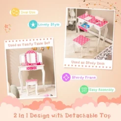 Costway Kid Vanity Set Wooden Makeup Table Stool Tri-Folding Mirror Polka Dot Print Pink -Costway GUEST 9918f93e b07d 468a 88e8 ba911013edd6