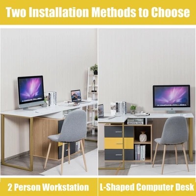 Costway 87'' Two Person Computer Desk Adjustable L-Shaped Office Desk W/Shelves & Drawers 8 Costway 87'' Two Person Computer Desk Adjustable L-Shaped Office Desk W/Shelves & Drawers - Image 6