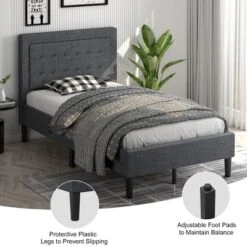Costway Twin Size Upholstered Bed Frame Button Tufted Headboard Mattress Foundation Grey -Costway GUEST 99703c53 0b1d 4d4f 9e88 fff4a5aba880