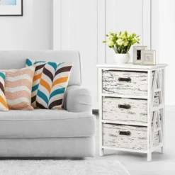Chest W/3 Fabric Drawers Vintage Wood Frame End Table Side Sofa Table Nightstand -Costway GUEST 99df2ef3 21ba 4ef7 934c 695463afa3cd