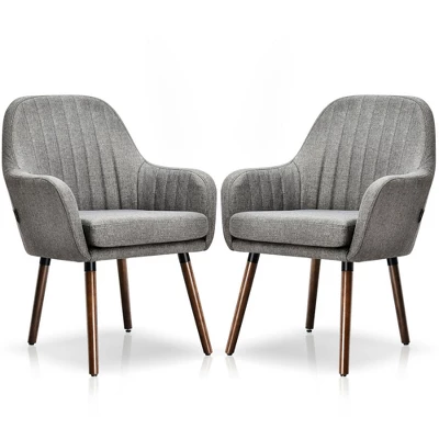 Costway Set Of 2 Accent Chairs Fabric Upholstered Armchairs W/Wooden Legs Beige/Gray 5 Costway Set Of 2 Accent Chairs Fabric Upholstered Armchairs W/Wooden Legs Beige/Gray - Image 3