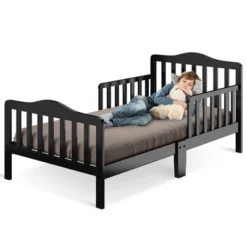 Costway Kids Toddler Wood Bed Bedroom Furniture W/ Guardrails Black/Brown/Grey/White -Costway GUEST 9cea6ab5 c73c 423e a5f0 96ebee0f7b1a