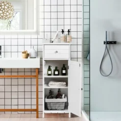 Costway Wooden Bathroom Floor Storage Cabinet Organizer With Drawer And Adjustable Shelf