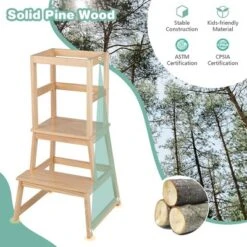 Costway Kids Kitchen Step Stool Kids Standing Tower With Safety Rails WhiteNature -Costway GUEST a1fae4f9 f55b 41f3 8295 bee024543ded