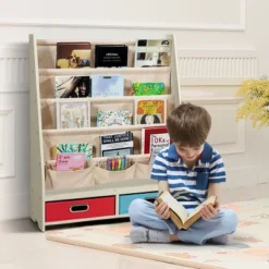 Costway Kids Book Rack Toys Organizer With 4 Sling Bookshelf & 2 Boxes EspressoBeige