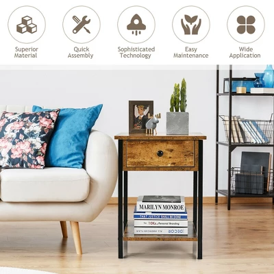 Costway 2PCS Industrial End Side Table Nightstand With Drawer Shelf Rustic Brown 7 Costway 2PCS Industrial End Side Table Nightstand With Drawer Shelf Rustic Brown - Image 5