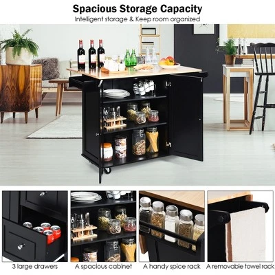 Costway Drop-Leaf Kitchen Island Trolley Cart Wood Storage Cabinet W/ Spice Rack Black 7 Costway Drop-Leaf Kitchen Island Trolley Cart Wood Storage Cabinet W/ Spice Rack Black - Image 5