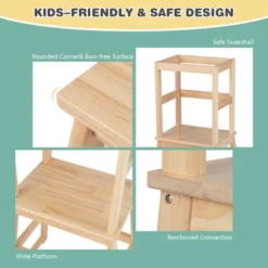 Costway Kids Kitchen Step Stool Kids Standing Tower With Safety Rails WhiteNature -Costway GUEST a409340a 64b6 4128 ae44 91c04b750425