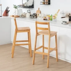 Costway Set Of 2 Solid Rubber Wood Bar Stools 28'' Dining Chairs With Backrests Natural