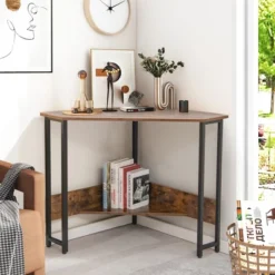 Costway Triangle Computer Desk Corner Desk Home Office With Power Outlets USB Ports Black/Rustic -Costway GUEST a4f46d22 9975 4f82 a936 e5e2993192fe