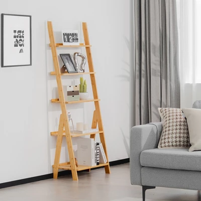 Costway 5-Tier Bamboo Ladder Shelf Bookshelf Display Storage Rack Flower Stand 4 Costway 5-Tier Bamboo Ladder Shelf Bookshelf Display Storage Rack Flower Stand - Image 2