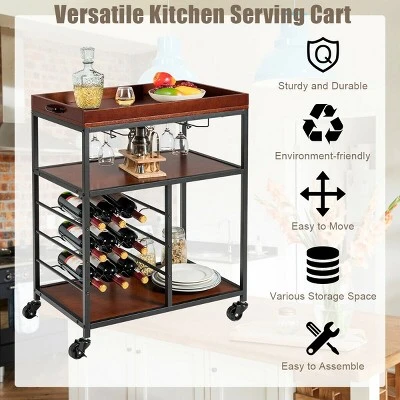 Costway 3 Tier Kitchen Trolley Utility Cart W/Wine Rack & Glass Holder 6 Costway 3 Tier Kitchen Trolley Utility Cart W/Wine Rack & Glass Holder - Image 4