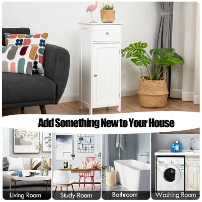 Costway Wooden Bathroom Floor Storage Cabinet Organizer With Drawer And Adjustable Shelf 7 Costway Wooden Bathroom Floor Storage Cabinet Organizer With Drawer And Adjustable Shelf - Image 5