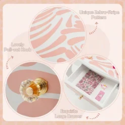 Costway Kid Vanity Set Wooden Makeup Table Stool Tri-Folding Mirror Zebra-Stripe Pink -Costway GUEST a7c98b28 9b88 408e 8aca d1133149e971