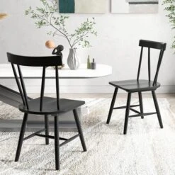 Costway Dining Chairs Set Of 2 Windsor Chairs Wood Armless Chairs With Solid Rubber Wood Black/White