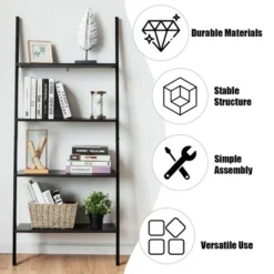 Costway Industrial Ladder Shelf 4-Tier Leaning Wall Bookcase Plant Stand Rustic Black/Brown -Costway GUEST a9628de3 9a43 44c2 9f3e 69485a66a851