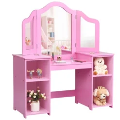 Costway Vanity Table Set Makeup Dressing Kids Girls Study Table Tri Folding Mirror WhitePink -Costway GUEST a9e084a4 8665 46b7 b704 7d5a0da74c60