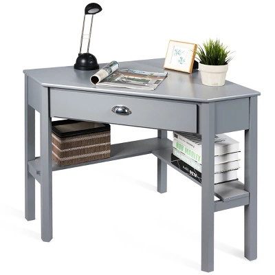 Costway Triangle Computer Desk Corner Office Desk Laptop Table W/ Drawer Shelves Rustic Grey 8 Costway Triangle Computer Desk Corner Office Desk Laptop Table W/ Drawer Shelves Rustic Grey - Image 6