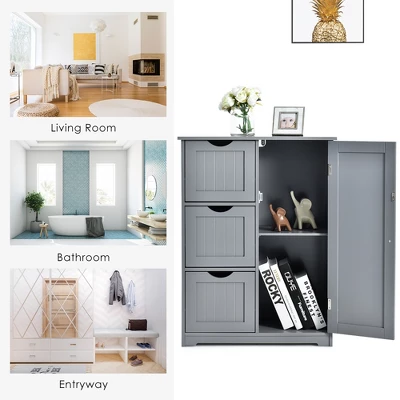 Costway Bathroom Floor Cabinet Side Storage Cabinet With 3 Drawers And 1 Cupboard Grey Black 9 Costway Bathroom Floor Cabinet Side Storage Cabinet With 3 Drawers And 1 Cupboard Grey Black - Image 7
