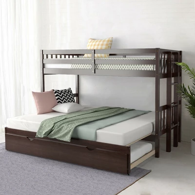 Costway Twin Over Twin Pull-Out Bunk Bed With Trundle Wooden Ladder WhiteEspresso 4 Costway Twin Over Twin Pull-Out Bunk Bed With Trundle Wooden Ladder WhiteEspresso - Image 2
