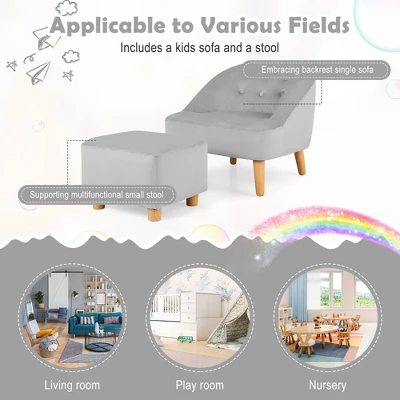 Costway Kids Sofa Chair W/ Ottoman Toddler Single Sofa Velvet Upholstered Couch GreyPink 8 Costway Kids Sofa Chair W/ Ottoman Toddler Single Sofa Velvet Upholstered Couch GreyPink - Image 6