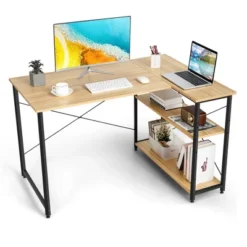 Costway 48'' Reversible L Shaped Computer Desk Home Office Table Adjustable Shelf BrownGrayNatural -Costway GUEST aebefca2 8a6e 4830 ba77 869353e52a84