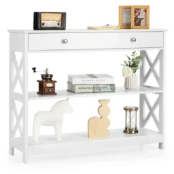 Costway 3-Tier Console Table X-Design Sofa Entryway Table With Drawer & Shelves Gray Espresso -Costway GUEST aed38761 874a 49b0 9c6d 29c835d18cf0