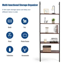 Costway 5-Tier Ladder Shelf Wood Wall Mounted Display Bookshelf Metal Frame Brown & Black/Brown & White/Bronze -Costway GUEST af5ee4da 1b96 4028 acb7 98327579d146