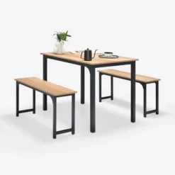 Costway Modern 3 PCS Dining Table Bench Set W/ Metal Frame & Wooden Tabletop -Costway GUEST b045b5b9 5458 4a38 8d63 00a42b2f574f