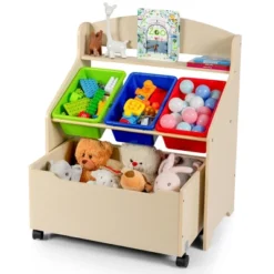 Costway Kids Wooden Toy Storage Unit Organizer W/Rolling Toy Box & Plastic Bins NaturalEspresso -Costway GUEST b1538226 2c79 451e 9800 9bc4afb4832c