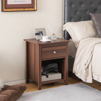 Costway Nightstand Bedside Table With Drawer & Open Shelf For Living Room Bedroom Walnut/Brown 5 Costway Nightstand Bedside Table With Drawer & Open Shelf For Living Room Bedroom Walnut/Brown - Image 3