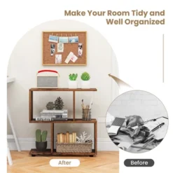 Costway 2-Tier Bookshelf Free Standing Wooden Display S-Shaped Shelf Storage Rack Black/Brown -Costway GUEST b2044a17 546b 4923 96a6 b5e623305b7f