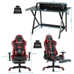 Costway Gaming Desk&Massage Gaming Chair Set W/ Footrest Monitor Shelf Power Strip Red