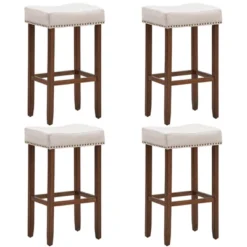 Costway Set Of 4 Nailhead Saddle Bar Stools 29'' Height W/ Fabric Seat & Wood Legs Gray/Beige -Costway GUEST b509bf06 574f 4ccb b9a2 2b4452364ba1