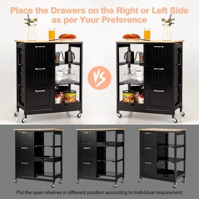 Costway Rolling Kitchen Island Utility Storage Cart W/ 3 Storage Drawers & Shelves White/Black 9 Costway Rolling Kitchen Island Utility Storage Cart W/ 3 Storage Drawers & Shelves White/Black - Image 7