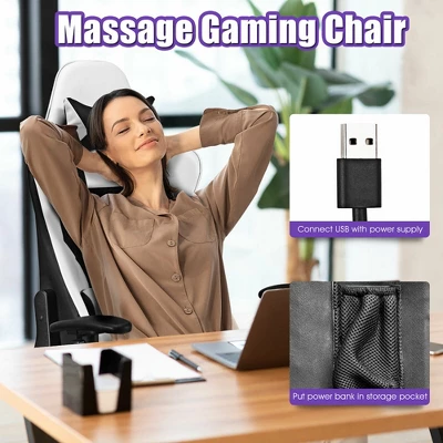 Costway Massage Gaming Chair Reclining Racing Office Computer Chair With Footrest White 7 Costway Massage Gaming Chair Reclining Racing Office Computer Chair With Footrest White - Image 5
