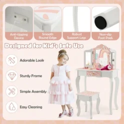 Costway Kid Vanity Set Wooden Makeup Table Stool Tri-Folding Mirror Zebra-Stripe Pink -Costway GUEST b5b45b6e b3c6 456d 8a3e e3003877f812