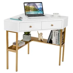 Costway Corner Computer Desk Writing Workstation Study Desk W/ 2 Drawers WhiteBlackGold -Costway GUEST b619d09f 74c2 4218 9588 52d0a13a5e5b