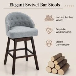 Costway Set Of 2 Swivel Bar Stools Tufted Bar Height Pub Chairs With Rubber Wood Legs Grey/Beige -Costway GUEST b63277c1 400c 4fb3 a4af f0dbead19956