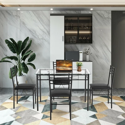 Costway 5 Piece Dining Set Glass Top Table & 4 Upholstered Chairs Kitchen Room Furniture 4 Costway 5 Piece Dining Set Glass Top Table & 4 Upholstered Chairs Kitchen Room Furniture - Image 2