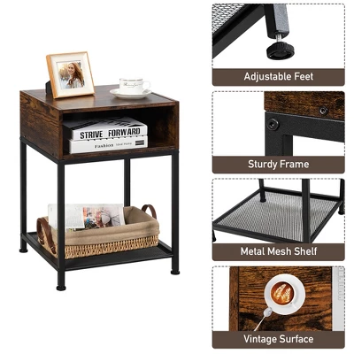 Costway Industrial Nightstand End Side Table W/ Compartment & Mesh Shelf Rustic Brown 9 Costway Industrial Nightstand End Side Table W/ Compartment & Mesh Shelf Rustic Brown - Image 7
