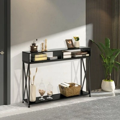 Costway Steel Frame Console Table With Open Shelf And Storage Compartments Black 5 Costway Steel Frame Console Table With Open Shelf And Storage Compartments Black - Image 3