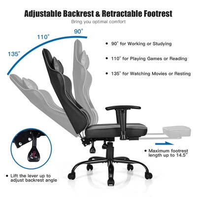 Costway Gaming Chair Racing High Back Office Chair W/ Footrest Black 7 Costway Gaming Chair Racing High Back Office Chair W/ Footrest Black - Image 5