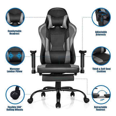 Costway Gaming Chair Racing High Back Office Chair W/ Footrest Black 9 Costway Gaming Chair Racing High Back Office Chair W/ Footrest Black - Image 7