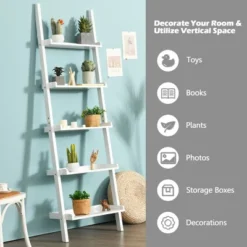 Costway Versatile White 5-Tier Bookshelf Leaning Wall Shelf Ladder Bookcase Storage Display Furni -Costway GUEST b9b14e35 55b3 49ff 958e b59e707294fd